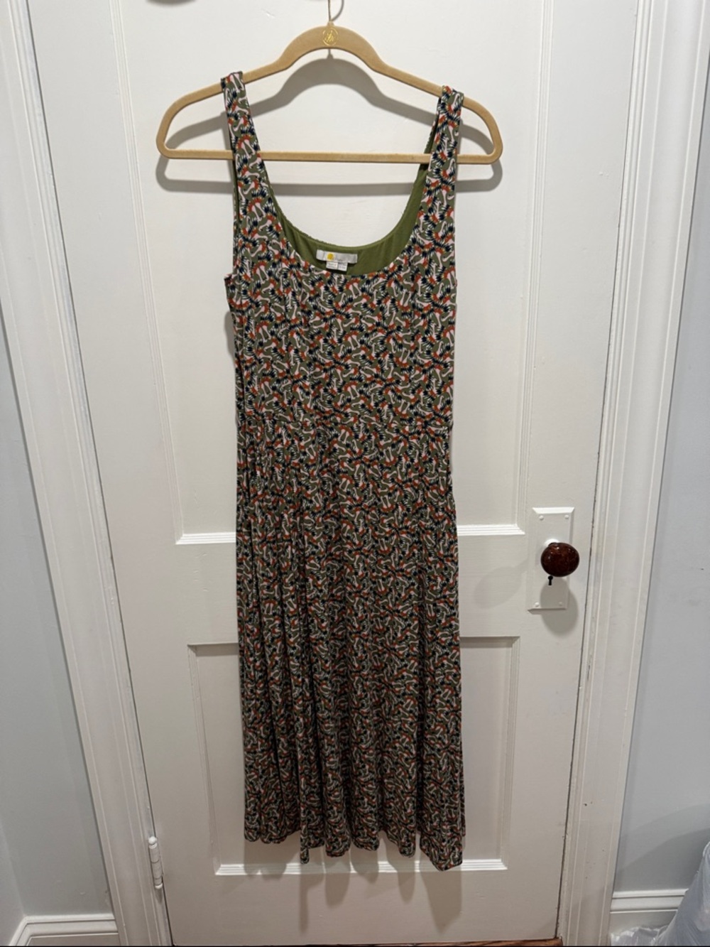 Boden Olive Bird Multi-Print Sleeveless Midi Dress